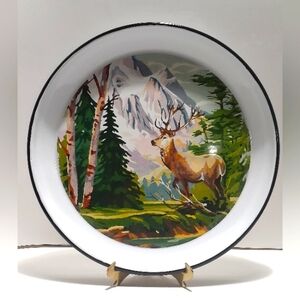 13" Round Scenic Deer Enamel Tray
